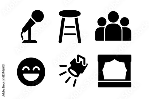 Stand-up comedy icons set. Microphone, stool, audience, smiling face, spotlight, and stage symbols. Live performance, humor, entertainment, theater show, venue, club, event. Vector illustration.