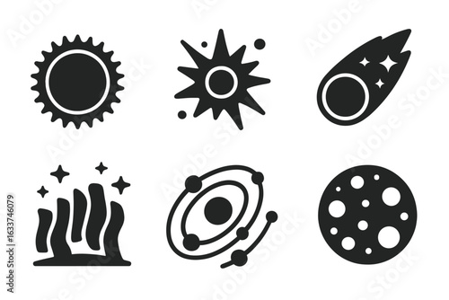 Space phenomena vector icons set. Solar eclipse, supernova explosion, comet, aurora borealis, planetary system alignment, moon phases. Astronomy, cosmic symbols in bold solid style isolated.
