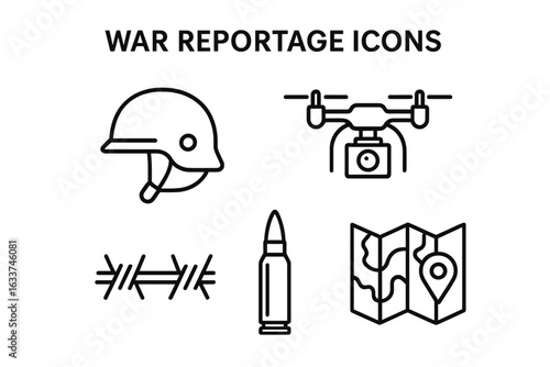 War reportage vector icons set. Outline combat journalism icons. Military helmet, surveillance drone, barbed wire, bullet cartridge, map pin. War zone equipment. Conflict reporting symbols