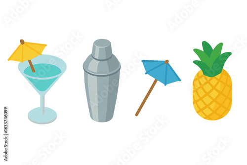Isometric Tropical Cocktail Icons Set. Colorful Vector Collection of Summer Beach Party Drinks, Martini Glass, Cocktail Shaker, Drink Umbrella Garnish, Pineapple. Bar Beverage Illustration