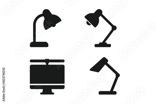 Workspace Lighting Icons Set. Solid Filled Vector Pack with Desk Lamps, Adjustable Task Lighting, Modern Table Lamp Silhouettes, Monitor Light Bar for Computer Screen, Office Illumination Elements