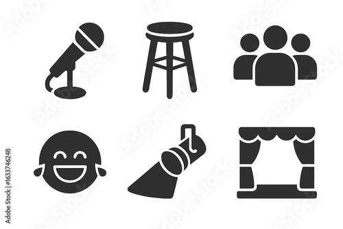 Stand Up Comedy Icon Set. Solid Filled Vector Icons of Comedy Show Essentials: Microphone, Bar Stool, Audience, Laughing Face, Spotlight, Stage. Theater Performance Elements, Entertainment, Humor