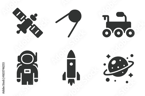 Space technology vector icons set. Solid silhouette designs of satellite, Sputnik, planetary rover, astronaut, rocket, and planet with stars. Space exploration, aerospace science elements isolated.