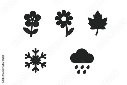 Seasonal icon set. Black solid filled vector icons representing spring flower, summer daisy, autumn maple leaf, winter snowflake, rainy weather. Simple minimalist seasonal concept illustration.
