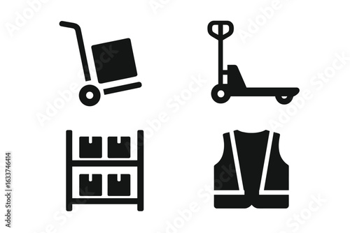 Warehouse Equipment Tools Icons Set. Solid Vector Icons of Hand Truck, Pallet Jack, Storage Racks with Boxes, Safety Vest. Industrial Logistics Symbols for Inventory, Shipping, Storage, Distribution
