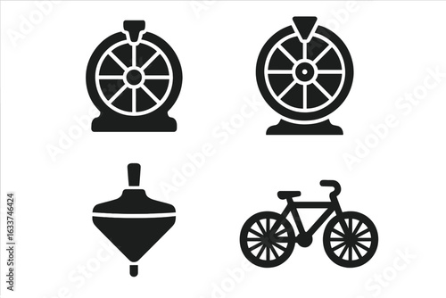 Spinning Wheels Vector Icons Set. Solid Filled Illustration Collection of Roulette Wheel, Fortune Wheel, Spinning Top, Bicycle. Circular Motion Game and Transport Symbols. Isolated Silhouette Clipart