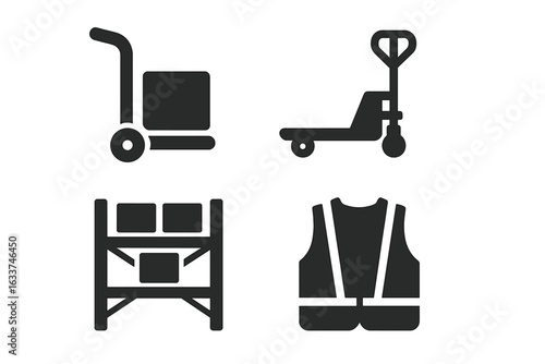 Warehouse icons vector set. Solid filled pictograms of logistics equipment tools: hand truck, pallet jack, storage rack, safety vest. Industrial shipping, cargo handling, warehouse management symbols