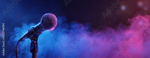 Close-up of a microphone on stage with a blue and purple neon light background.