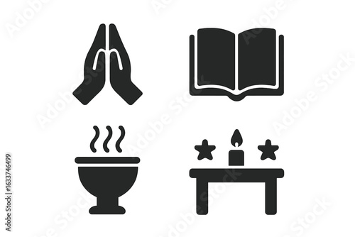 Spiritual Ritual Icon Set. Praying Hands, Sacred Book, Incense Burner, Ritual Altar Symbols. Religious Ceremony, Worship Elements, Meditation, Faith, Vector Illustration, Spirituality Icons Collection