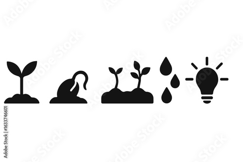 Seed Germination and Growth Vector Icons Set. Solid Black Silhouette Sprout, Wilted Seedling, Growing Plant, Water Drops, Light Bulb. Plant Life Cycle, Agriculture, Botany Illustration