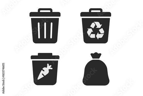 Waste management and recycling icons set. Solid vector symbols of trash bin, recycling bin, compost bin with carrot, garbage bag. Black silhouette cleaning waste, sorting, eco concept illustration