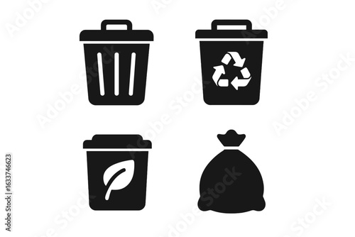 Waste management icons set. Solid vector illustration of trash bin, recycling bin with recycle symbol, compost bin with leaf, garbage bag. Collection of eco, green, recycling, cleaning icons.