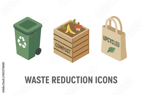 Waste Reduction Icons Collection. Isometric Flat Vector Set of Eco-Friendly Waste Management Strategies Including Recycling Bin, Compost Container, Upcycled Reusable Tote Bag. Sustainability Concepts