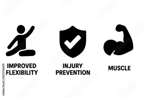 Stretching Benefits Icons Set. Solid Vector Collection Illustrates Improved Flexibility, Injury Prevention, Muscle Strength. Fitness Exercise, Sports Health, Physical Therapy, Wellness, Gym, Body Care