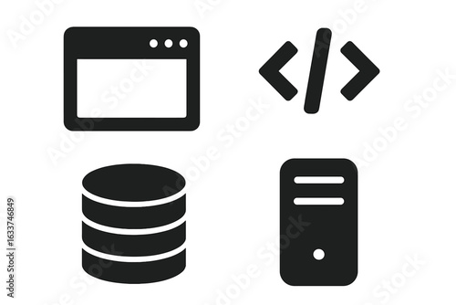 Solid web icons set for modern technology interface, website browser window, coding brackets, database storage, server tower, internet hosting, software development, vector illustration isolated