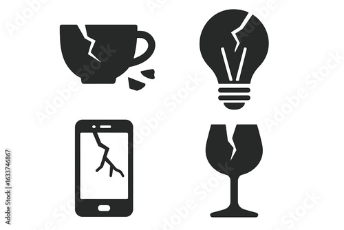 Shattered objects icons set, solid filled vector illustrations of broken daily life items, cracked coffee cup, shattered light bulb, broken glass elements for design projects