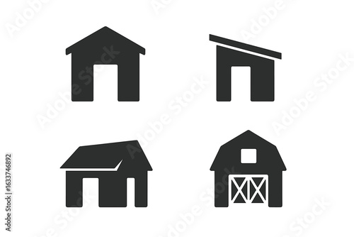 Collection of Shed Icons. Solid Filled Vector Set of Shed Designs: Gable Roof Shed, Lean-To Shed, Saltbox Shed, Barn Style Outbuilding. Modern Outbuilding and Barn Silhouette Symbols Isolated
