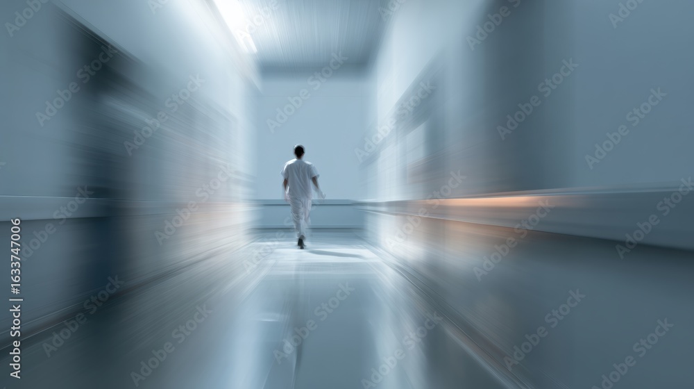 Obraz premium A medical professional walks through a hospital corridor, emphasizing urgency and motion in a serene environment.