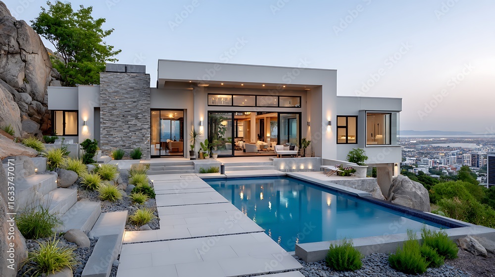 Fototapeta premium Modern Home Design with Stone and Concrete Elements Overlooking Scenic Prairie Landscape