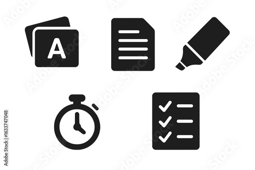 Study and Revision Icon Set. Solid Vector Icons of Flashcards, Notes Page, Highlighter, Timer, Checklist. Learning Tools, Time Management, Productivity Symbols for Students and Teachers