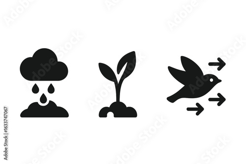 Spring transition icons vector set. Solid filled seasonal weather pictograms including melting snow with rain, sprouting plant bud growth, migrating bird arrows. Springtime nature environment symbols.