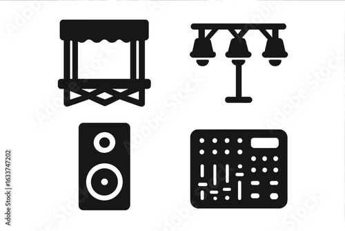 Stage Setup Solid Icon Set: Vector Illustrations of Sound and Stage Equipment Including Portable Stage Platform, Stage Lighting Rig, Professional Speaker Tower, and Audio Mixing Console