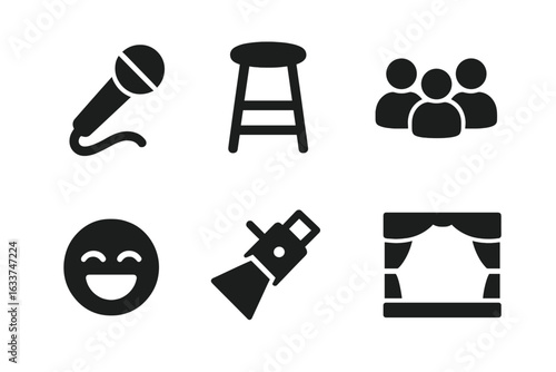 Stand-up comedy vector icon set. Microphone, stool, audience, laughing face, spotlight, stage. Solid filled symbols for performing arts, open mic, live show, humor, entertainment, comedy club.