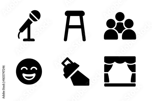 Stand-up comedy icon set. Solid vector illustrations of microphone, stool, audience, laughing face, spotlight, stage. Comedy show essentials, standup event pictograms, humor performance symbols.