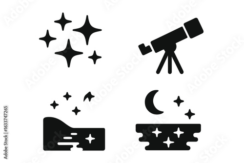 Stargazing icon set. Solid night sky vector. Astronomy telescope tripod, shining stars, moon reflection, stargazing by shore, celestial cluster, cosmic exploration, night sky observation illustration