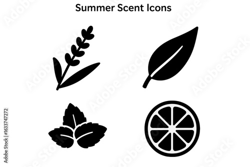 Summer Fragrance Icon Set. Bold Black Vector Icons of Lavender Sprig, Eucalyptus Leaf, Mint Leaves, Citrus Fruit Slice. Aromatic Nature Scents. Herbal Citrus Botanical Illustration for Summer Design