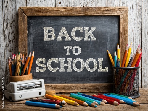 
Vintage Back to School Chalkboard with Colorful Pencils and Office Supplies on White Wooden Background