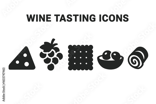 Wine Tasting Food Icon Set. Solid Vector Illustrations of Cheese Slice, Grape Cluster, Crackers, Olive Bowl, Prosciutto Roll. Gourmet Snacks for Wine Pairing, Minimal Black Silhouette Design