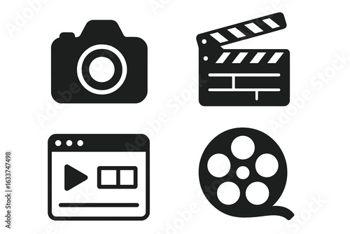 Video production icons set. Flat solid vector symbols: DSLR camera, clapperboard, film editing timeline, movie reel. Filmmaking tools. Video editing equipment. Multimedia content creation concepts.