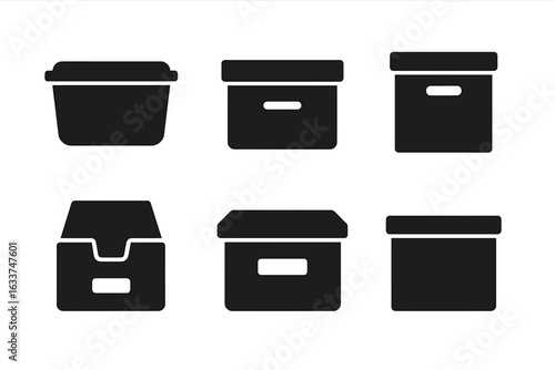 Solid Storage Box Icon Set. Vector Archive File Drawer Bins. Plastic Container, Labeled and Unlabeled Storage Boxes. Office Supply, Organization, Packing, Moving, Filing, Minimal Flat Symbols