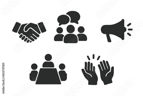 Social Interaction Icons Set. Solid Vector Symbols of Handshake, Group Conversation, Communication, Megaphone, Business Meeting, Teamwork, Applause, Networking, Collaboration, and Leadership Concepts