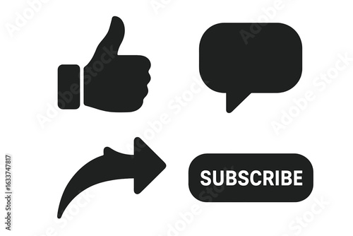 Social media icon grid with solid, filled buttons including like thumb, comment bubble, share arrow, subscribe symbol, interactive engagement icons for digital communication and networking