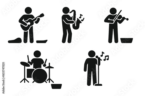 Street musician icon set. Silhouette vector of buskers playing guitar, saxophone, violin, drums, singing with microphone, music performance. Urban artists, musical instruments, entertainment concept.