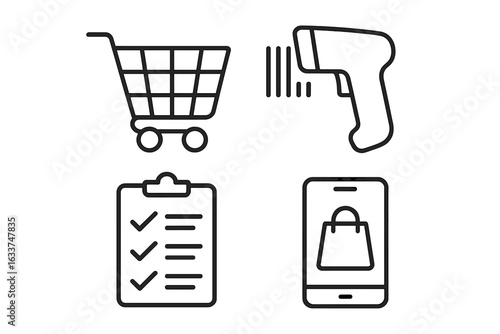 Virtual Shopping and Grocery Order Icons Set. Modern Outline Vector of Shopping Cart, Barcode Scanner, Checklist and Mobile Shopping App. E-commerce, Retail, Delivery, Inventory Management Concepts