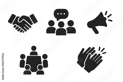 Social interaction icons set with handshake, group chat, megaphone, meeting table, and applause symbols, solid filled vector illustrations for communication and teamwork concepts