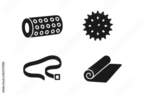 Stretching Equipment Icons Set. Solid Filled Vector Illustrations of Foam Roller, Massage Ball, Stretching Strap, Yoga Mat for Fitness, Physical Therapy, Wellness, Gym, Rehabilitation, Home Exercise