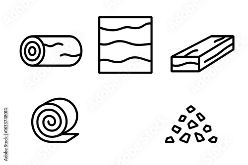 Outline Wood Products Icons Set, Timber Log, Plywood Sheet, Lumber Plank, Veneer Roll, Wood Chip Pile Vector Illustration, Forestry Materials, Construction Supplies Symbols