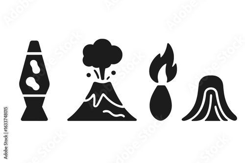 Volcanic activity icons set. Solid black vector symbols of erupting volcano, lava lamp, smoke plume, volcanic bomb, lava flow, magma features. Geology, natural disaster, eruption concept illustration
