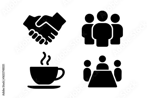 Solid social wellness icons set including handshake, group of people, coffee break, team meeting, collaboration, community support, teamwork, connection, communication vector illustration