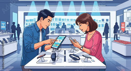 Couple examining electronic devices in a modern electronics store.