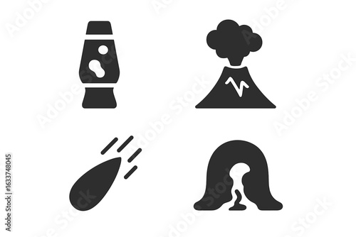 Volcanic Activity Vector Icons Set. Solid Silhouette Symbols of Erupting Volcano, Lava Lamp, Volcanic Bomb, Lava Tube Cave, Smoke Plume. Geology, Natural Disaster, Eruption, Magma, Hazard Illustration