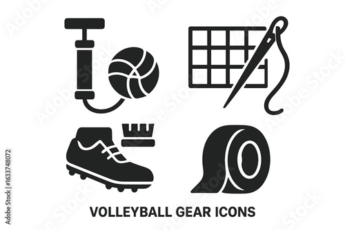 Volleyball gear equipment icons set. Solid filled vector illustration of ball pump, volleyball, net repair with needle, cleaning shoe brush, sports tape. Maintenance and accessories concept.
