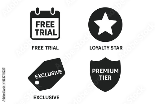 Solid Filled Subscription Benefits Icon Set – Free Trial Calendar, Loyalty Star Badge, Exclusive Tag, Premium Tier Shield – Modern Vector Isolated Transparent Background for Business Membership Perks