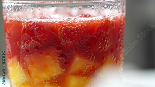Refreshing blended fruit drink in a glass with ice and bubbles