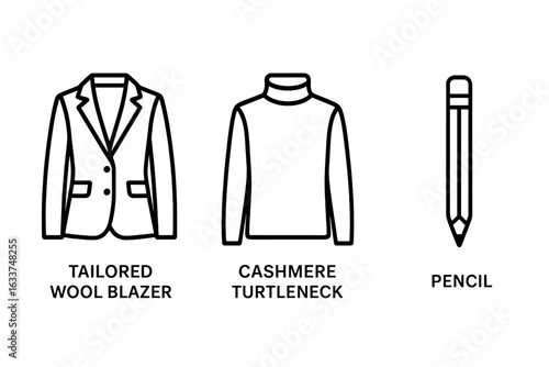 Professional Winter Office Outfits Icon Set. Outline Vector Collection of Tailored Wool Blazer, Cashmere Turtleneck Sweater, and Pencil for Business, Formal Fashion, Workplace Attire Concepts