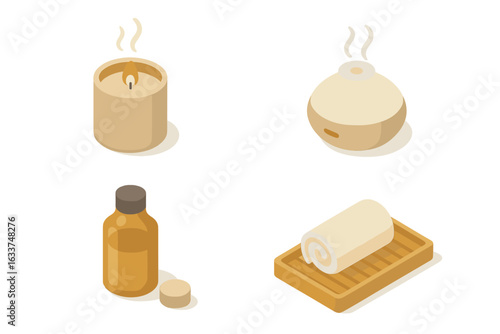 Isometric Spa Bathroom Icons Set with Scented Candle, Essential Oil Diffuser, Bamboo Tray, Relaxation Elements, Wellness Ambiance, Flat Vector Illustration on Transparent Background